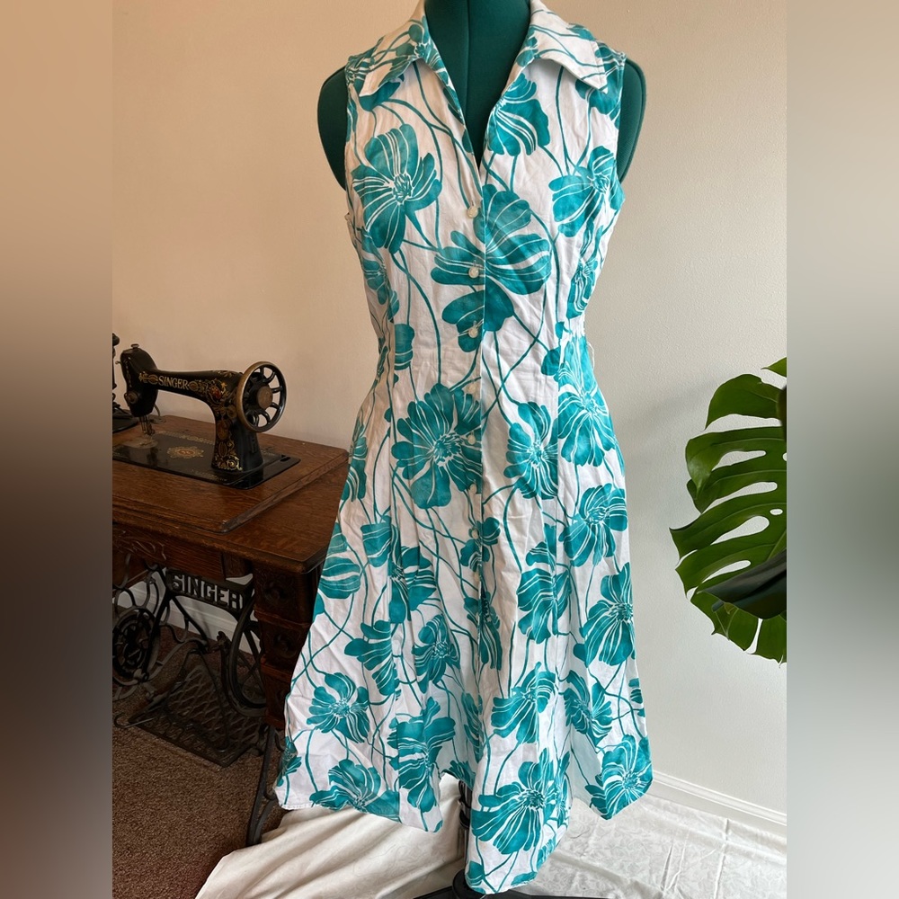 Teal tropical print shirt dress